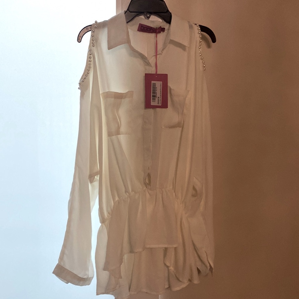 Boohoo nwt slightly sheer cream open shoulder with pearl detail button down.